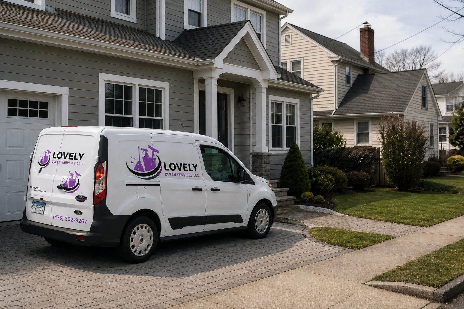 Lovely Clean Services van arriving at a Connecticut home