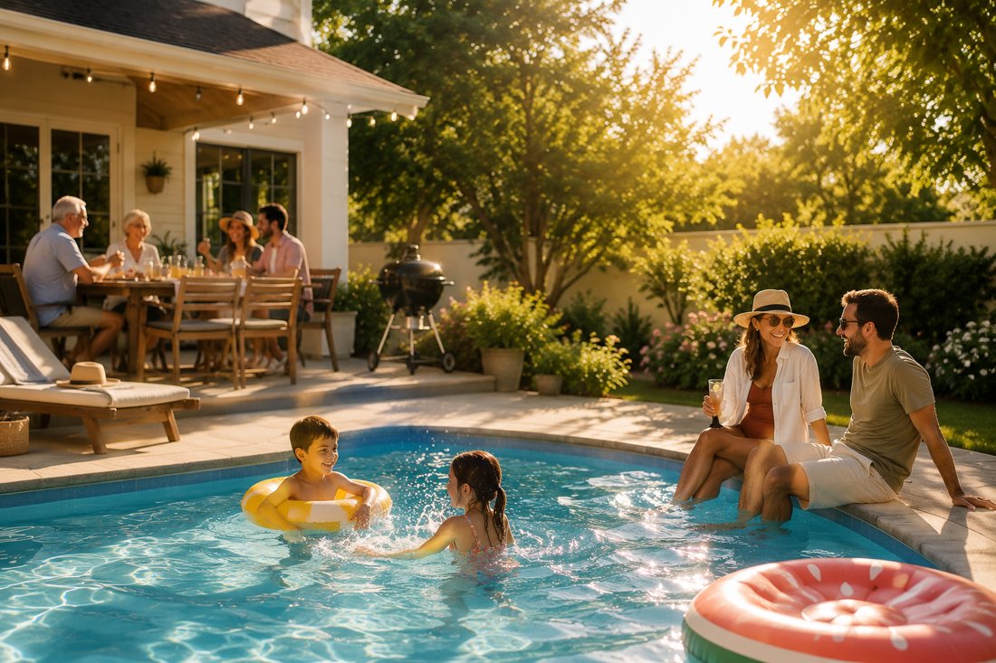 Family enjoying a summer pool day while their home gets cleaned